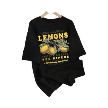 Imagem de Camiseta Feminina Solta De Algodão Com Estampa De Limão, Gola Redonda,