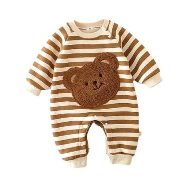 Imagem de Macacão Infantil Listrado Com Estampa De Urso Para Meninos E Meninas, 