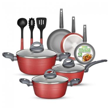 Imagem de Jogo de Panelas e Frigideiras Antiaderentes em Alumínio com Utensílios, 12 Peças, NutriChef NCCW12RED, Vermelho