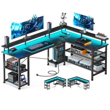 Imagem de Mesa Gamer em Formato de L, 59" 150cm em Fibra de Carbono com Prateleiras de Armazenamento, Suporte para Monitor, Tomadas e Luz LED, 110V