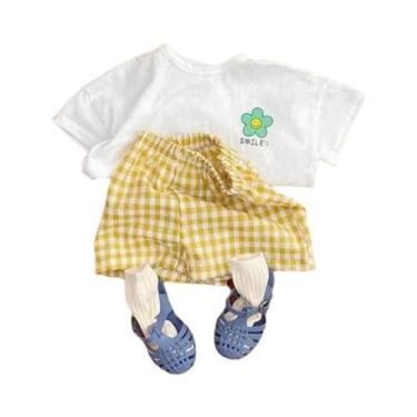 Imagem de Conjunto De 2 Peças Xadrez Floral Para Bebês Meninas, Camiseta De Mang