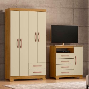 Imagem de Guarda-Roupa Solteiro 4 Portas 2 Gavetas e Cômoda Sapateira Itapema Carvalho Americano/Off White