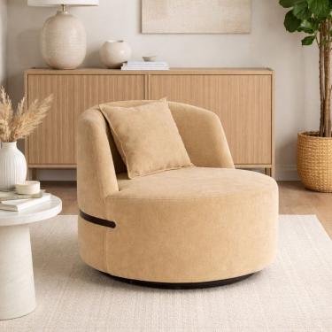 Imagem de Poltrona Giratória para Sala de Estar Veludo Laila Bege/Preto