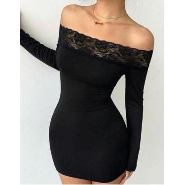 Imagem de Vestido Curto Feminino Colado Malha Manga Longa Tubinho Inverno Renda 