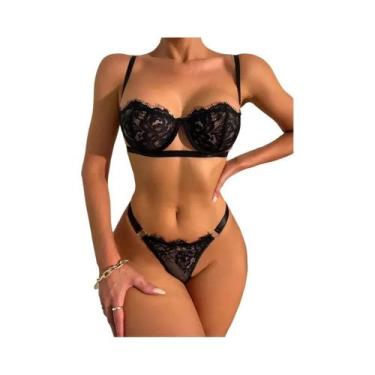 Imagem de Conjunto De Sutiã Com Renda Floral E Calcinha Com Efeito Push Up, Kit 