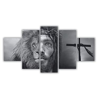 Imagem de x4adesivos Quadros Decorativos Mosaico MDF Leão de Judá e Jesus Faces Preto e Branco 115x60cm