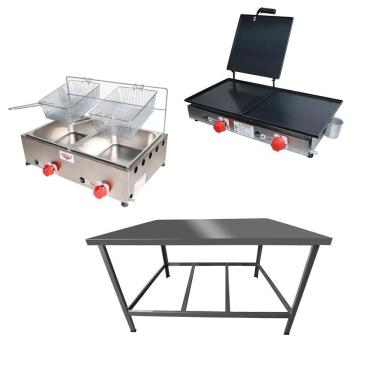 Imagem de Kit Lanchonete Mesa de Manipulação 100x55cm + Fritadeira a Gás 2 Cuba + Chapa a Gás 60cm Alcamar