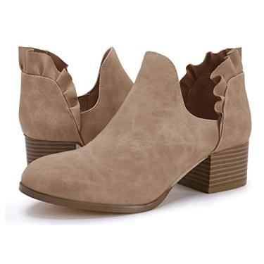 Imagem de Fashare bota feminina recortada outono salto até o tornozelo salto baixo empilhado vestido slip on botas curtas sapatos, Tan, 10