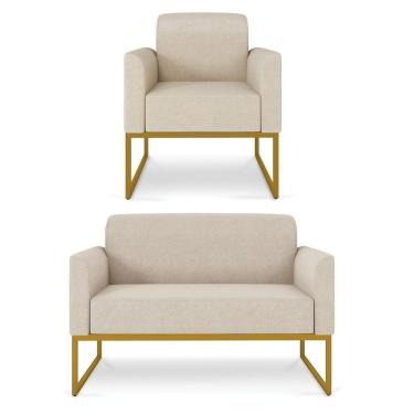 Imagem de Kit 01 Namoradeira 02 Lugares E 01 Poltrona Marisa Linho Dourado Cor A27 Areia