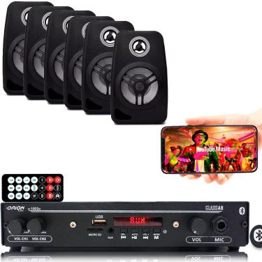 Imagem de Kit Som Ambiente 1002 Bt Control + 6 Caixas Parede Preta 55w