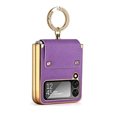 Imagem de Capa de couro de luxo para Samsung Galaxy Z Flip4 Flip 4 5G capa de proteção de dobradiça dobrável com suporte de anel, roxo, para Samsung Z flip4