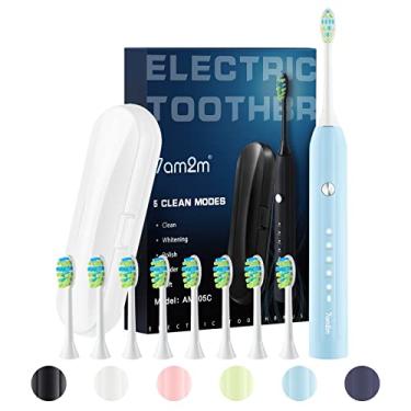 Imagem de 7am2m Escova de Dentes Elétrica para Adultos, Escova de Dentes Sônicas com 8 Cabeças de Pincel, Capa de Viagem, Escova de Dentes Elétrica Recarregável com 2 Minutos Embutida Smart Timer (Azul Claro)
