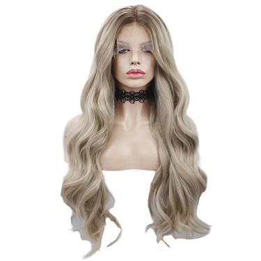 Imagem de Peruca loira ondulada sintética lace frontal peruca feminina de fibra resistente ao calor peruca de renda natural
