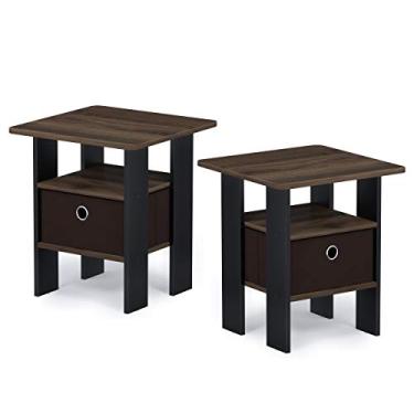Imagem de Furinno Andrey Conjunto de 2 mesas de canto/mesa lateral/mesa de cabeceira/mesa de cabeceira com gaveta de cestos Columbia Walnut/marrom escuro