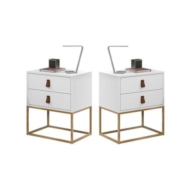 Imagem de Conjunto 2 Mesa Cabeceira Estilo Industrial Com Puxadores De Couro E Base De Metal Dourado