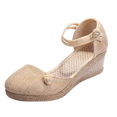 Imagem de Sandálias confortáveis para mulheres de largura larga retrô de linho de lona anabela bico redondo sandálias casuais, Bege, 6.5