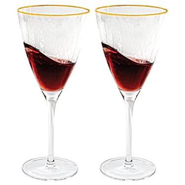 Imagem de Vikko Taças de vinho, taça de vinho decorativa de 368 g, vidro martelado com aro dourado, copo de vinho tinto ou branco, conjunto de 2 elegantes taças de vinho espumante