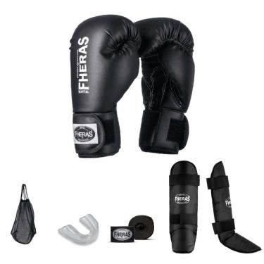 Imagem de Kit Profissional Fheras Luva Boxe Muay Thai Bandagem Bucal Caneleira E Bolsa