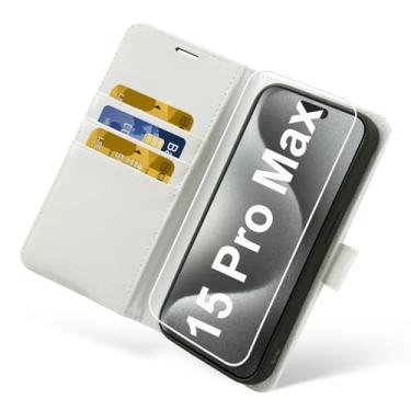 Imagem de MONASAY Capa carteira para iPhone 15 Pro Max 5G, [protetor de tela de vidro incluído] [bloqueio de RFID] Capa de celular de couro com suporte de cartão de crédito 6,7 polegadas Branco