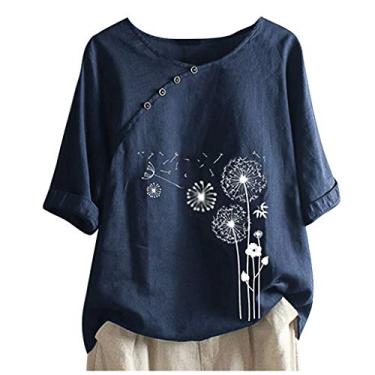 Imagem de Camiseta feminina de verão de algodão e linho casual floral manga curta leve gola redonda camiseta plus size, Ofertas relâmpago azul-marinho, P