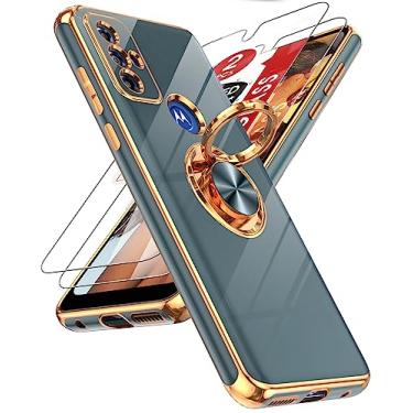 Imagem de LeYi Capa para Motorola Moto G Play 2023: com protetor de tela de vidro temperado [2 unidades] Suporte magnético giratório de 360°, capa protetora de borda ouro rosa, cinza