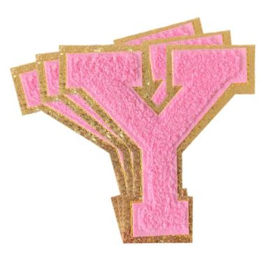 Imagem de 3 peças de remendos de letras de chenille rosa glitter ferro em remendos de letras universitárias remendo bordado de chenille costurar em remendos para roupas chapéu bolsas jaquetas camisa (rosa, Y)
