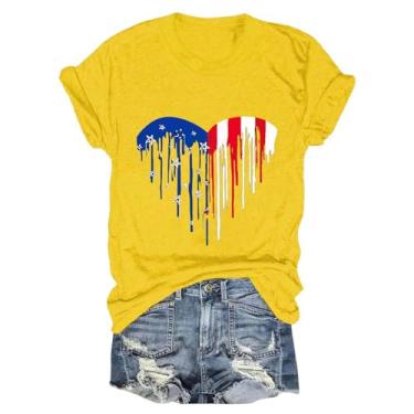 Imagem de Camisetas femininas do Dia da Independência, blusas de 4 de julho, bandeira dos EUA, túnica gráfica de verão, roupas para sair, Amarelo, 3G