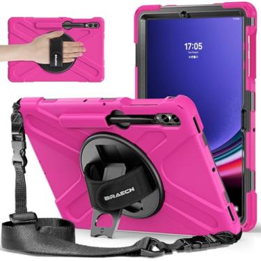 Imagem de BRAECNstock Capa para tablet Samsung Galaxy Tab S10+ Plus/S9 FE+ Plus/S9+ Plus/S8+ Plus/ S7 FE/ S7+ Plus 5G Capa protetora à prova de choque com suporte de caneta e alça de mão giratória - Rosa