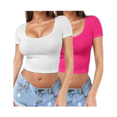 Imagem de Camiseta feminina de 2 peças, gola quadrada, manga curta, Y2K, justa, casual, com camada de base, para treino, Branco, rosa, M