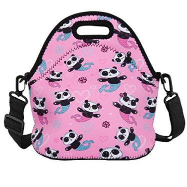 Imagem de Bolsa de almoço de neoprene isolada Violet Mist com alça de ombro térmica para uso ao ar livre, piquenique, grande capacidade para viagem, bolsa de mão, lancheira, Panda Mermaid