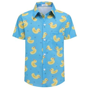 Imagem de Arshiner Camisa havaiana para meninos verão tropical camisa de praia manga curta para crianças 100% algodão tamanho 4-14 anos, Estampa de pato azul - amarelo, 13-14 Anos