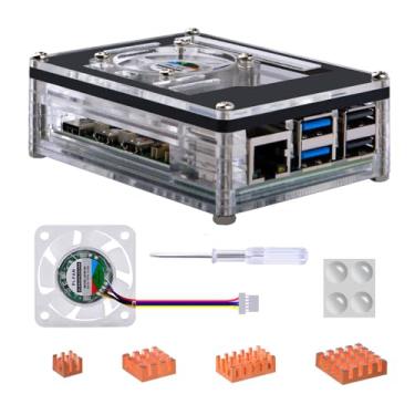 Imagem de GeeekPi Capa de acrílico para Raspberry Pi 5, Pi 5 com ventilador grande 4010 PWM e dissipadores de calor de cobre puro 4 peças para Raspberry Pi 5 4GB/8GB, suporta cooler ativo oficial Raspberry Pi 5