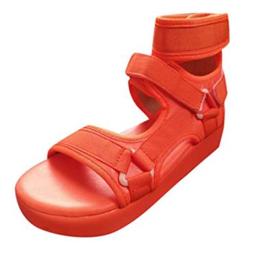 Imagem de Aniywn Sandálias plataforma femininas, bico aberto gladiador tira tornozelo sexy pele de cobra sandálias plataforma sapatos rasos confortáveis, Laranja, 40