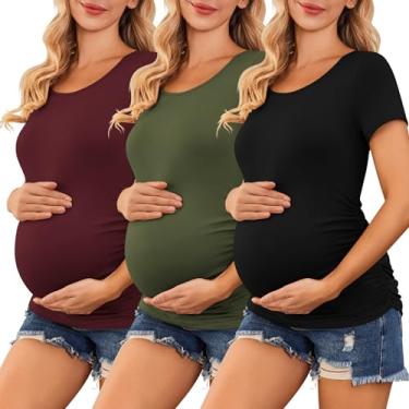 Imagem de Ekouaer Camisetas femininas maternidade pacote com 3 camisetas laterais franzidas para gravidez túnica túnica roupas casuais para mamãe P-2GG, 3 peças - Preto + Vinho Vermelho + Verde Exército, GG