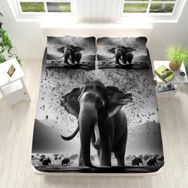 Imagem de Jogo de lençol cinza casal com estampa de elefante africano de microfibra macia (1 lençol com elástico, 1 lençol de cima, 2 fronhas) para quarto e dormitório decorativo