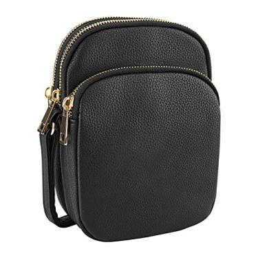 Imagem de Linkidea Bolsa tiracolo feminina com zíper triplo, bolsa de celular pequena para meninas adolescentes, bolsa de ombro carteira de couro vegano macio com alça ajustável, preta