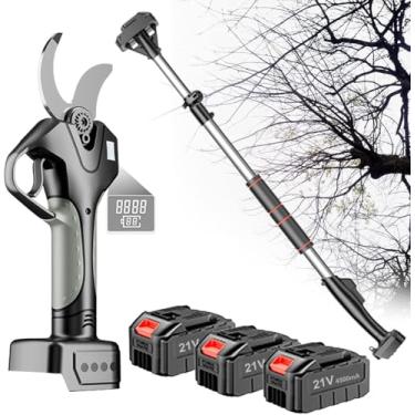 Imagem de Tesoura de poda de árvores elétrica sem fio de 45 mm com haste de extensão, tesoura de podar elétrica profissional, bateria 2/3 e 1 carregador incluído, 3 baterias, 1 lâmina