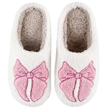 Imagem de HIPINISS Pantufas femininas masculinas retrô de espuma viscoelástica fofas de pelúcia fofas com forro de pele quente para uso interno, casa, casa, sapatos de inverno, Laço rosa, 7.5-8.5 Women/6.5-7.5