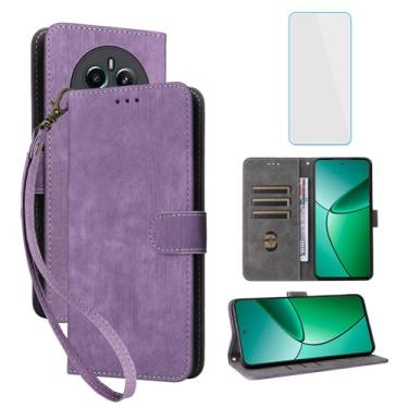 Imagem de IUQXU Capa carteira para celular Realme 12 Plus 5G com protetor de tela [bloqueio RFID] couro flip suporte para cartão alça de pulso mulheres homens capa de celular para Realme 12+ 12Plus 5G roxo