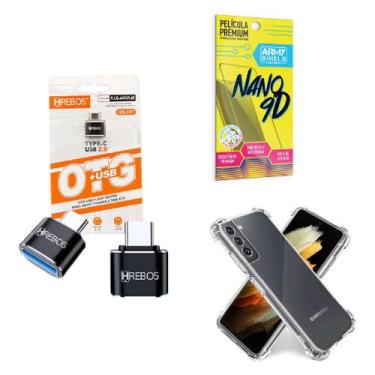 Imagem de Kit Adaptador USB para Tipo C + Capinha Samsung S21 + Película 9D - HR
