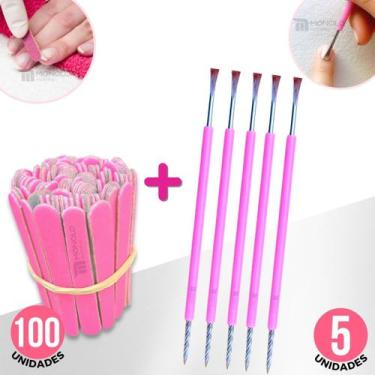 Imagem de Kit 100 Mini Lixa Unha + 5 Espátula Mista Cutícula Manicure Cutelaria 