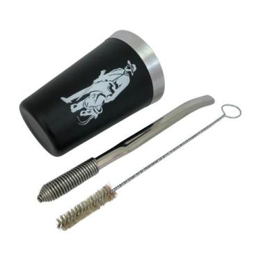 Imagem de Kit tereré cuia copo redondo 200ml alumínio parede dupla preto + bomba