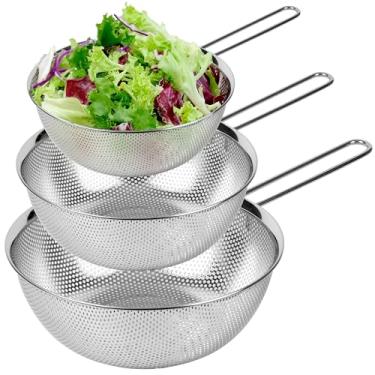 Imagem de Conjunto de 3 escorredores de aço inoxidável 18/8 304 com cabo longo, coadores microperfurados, conjunto de 1,5 a 2,5 a 4 litros, base sólida autodrenante para massas, frutas, legumes, feito na Coreia