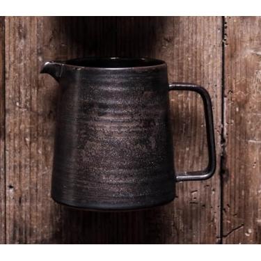 Imagem de Globe Faith Jarra para creme de café em grés, jarra de espumador de leite de porcelana, jarra de café expresso vintage de cerâmica, molheira de cerâmica rústica, pote para servir café e chá metálico preto vitrificado 473 g