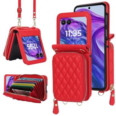 Imagem de YQODSZ Capa carteira para Motorola Razr 2024 com alça transversal, [bloqueio de RFID] Capa flip de couro premium com zíper e alça flip para Motorola Razr 50 2024 vermelha
