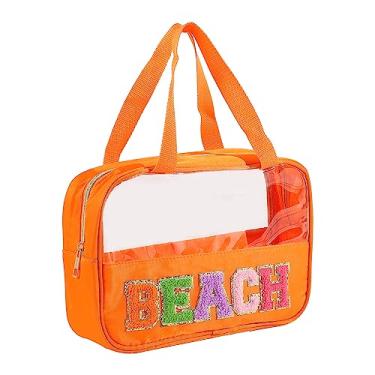 Imagem de Bolsa transparente de remendo de letras de chenille, polivalente multiuso de PVC e nylon, bolsa de maquiagem transparente com alças, bolsa grande de viagem para maquiagem de higiene pessoal com zíper, sacola feminina, Laranja, praia, Preppy