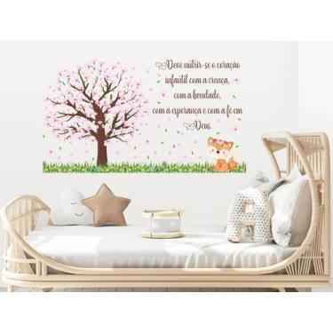 Imagem de adesivo de parede raposa arvore flores e frase decoração bebê - Adesiv