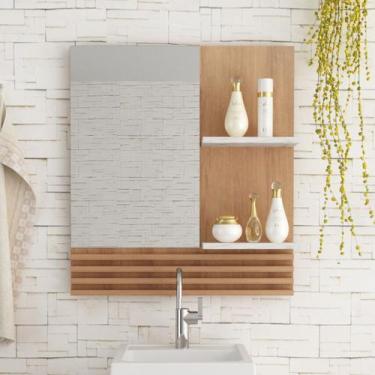 Imagem de Espelho Ripado com 2 Prateleiras para Banheiro 60x44cm Amêndoa Mármore