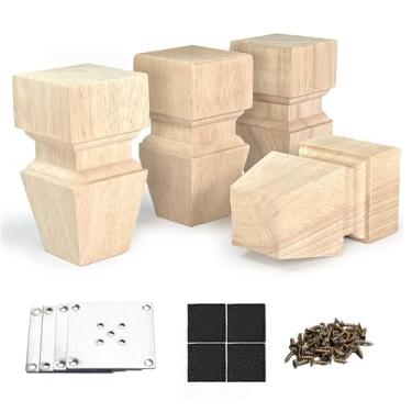 Imagem de Aiminjey Pernas de madeira para móveis de 12 cm com placas de montagem Conjunto de 4 pés de substituição de móveis de madeira maciça inacabados para sofá, armário, sofá, cômoda, suporte de TV, cama,
