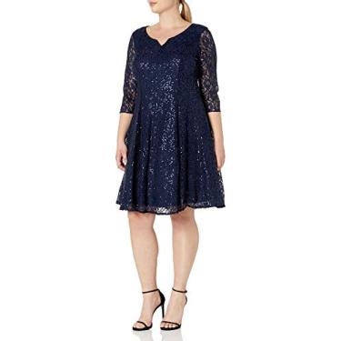 Imagem de S.L. Fashions Vestido feminino plus size de renda com lantejoulas, Azul marinho, 54